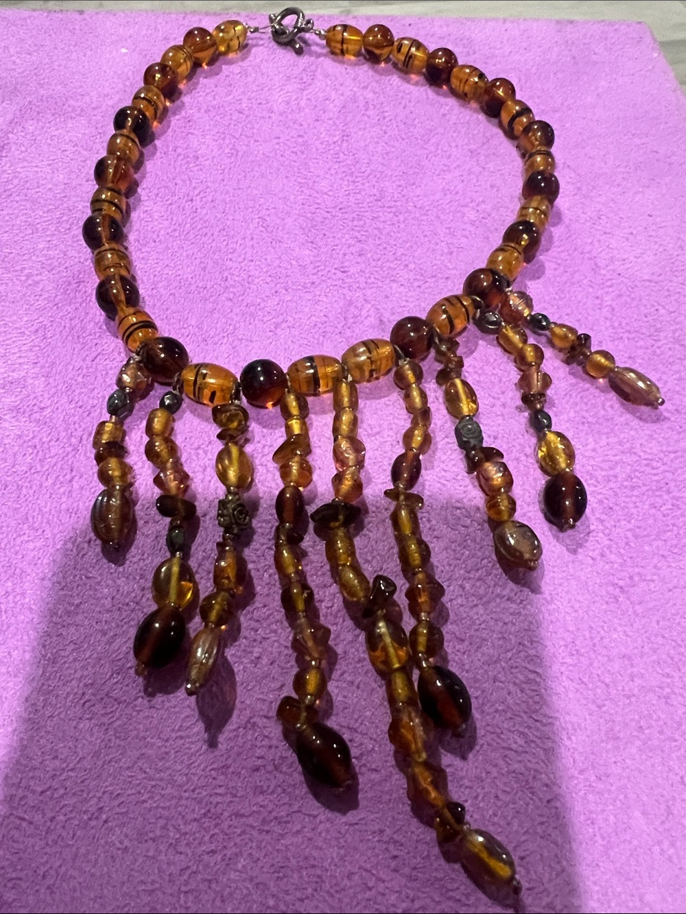 B#97-Amber Beaded Fringe Necklace - Women's Jewelry